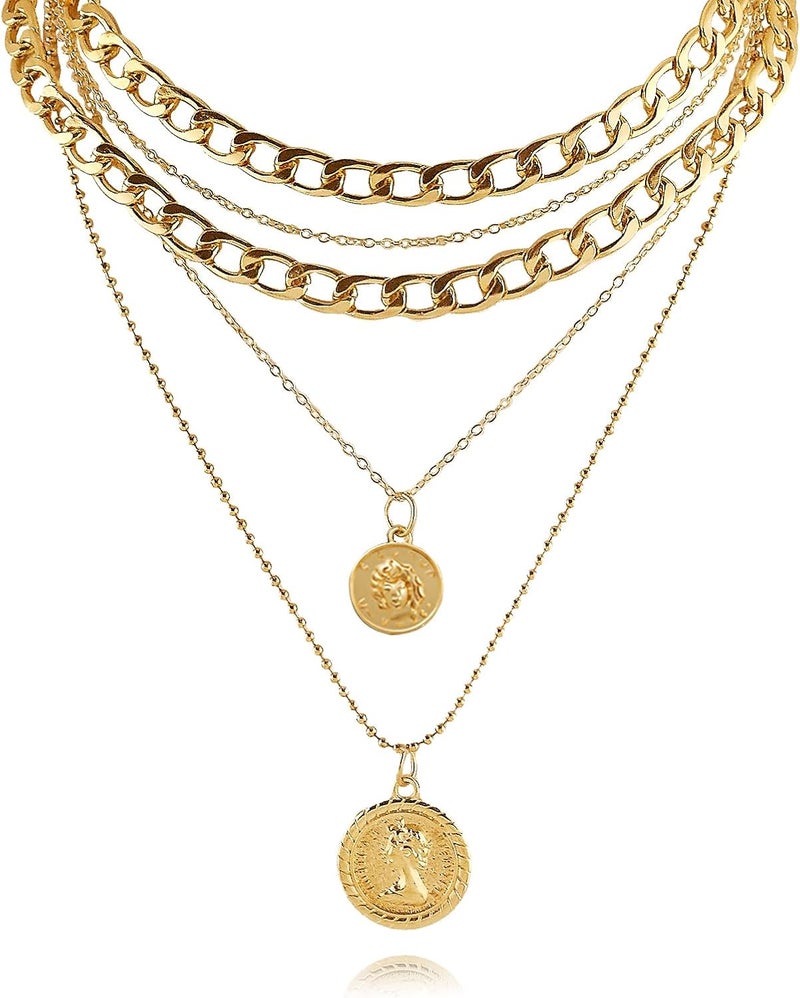 Todenb Layered Gold Pirate Necklace for Women Chunky Chain Pirate Jewelry 80s 90s Coin Pendant Necklace Pirate Costume Accessories - Image 1